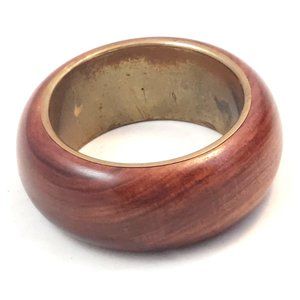 Statement Wood Brass Metal Bangle Bracelet Chunky 1.5" Vintage Boho